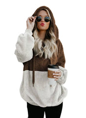 Autumn Winter Hooded Patchwork Sweatshirt Velvet Jacket Rope Connected Hat Polyester Fiber Full Sleeve round Neck Women'S Wear