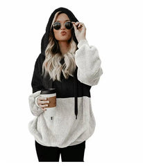 Autumn Winter Hooded Patchwork Sweatshirt Velvet Jacket Rope Connected Hat Polyester Fiber Full Sleeve round Neck Women'S Wear