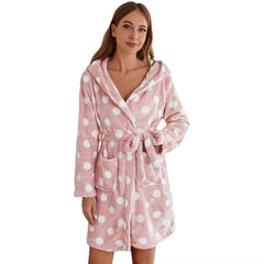 Winter Women Plush Hooded Bathrobe Coral Plush Robe Soft Warm Flannel Fleece Spa Bathrobe Polka Dot Fluffy Ladies Sleepwear
