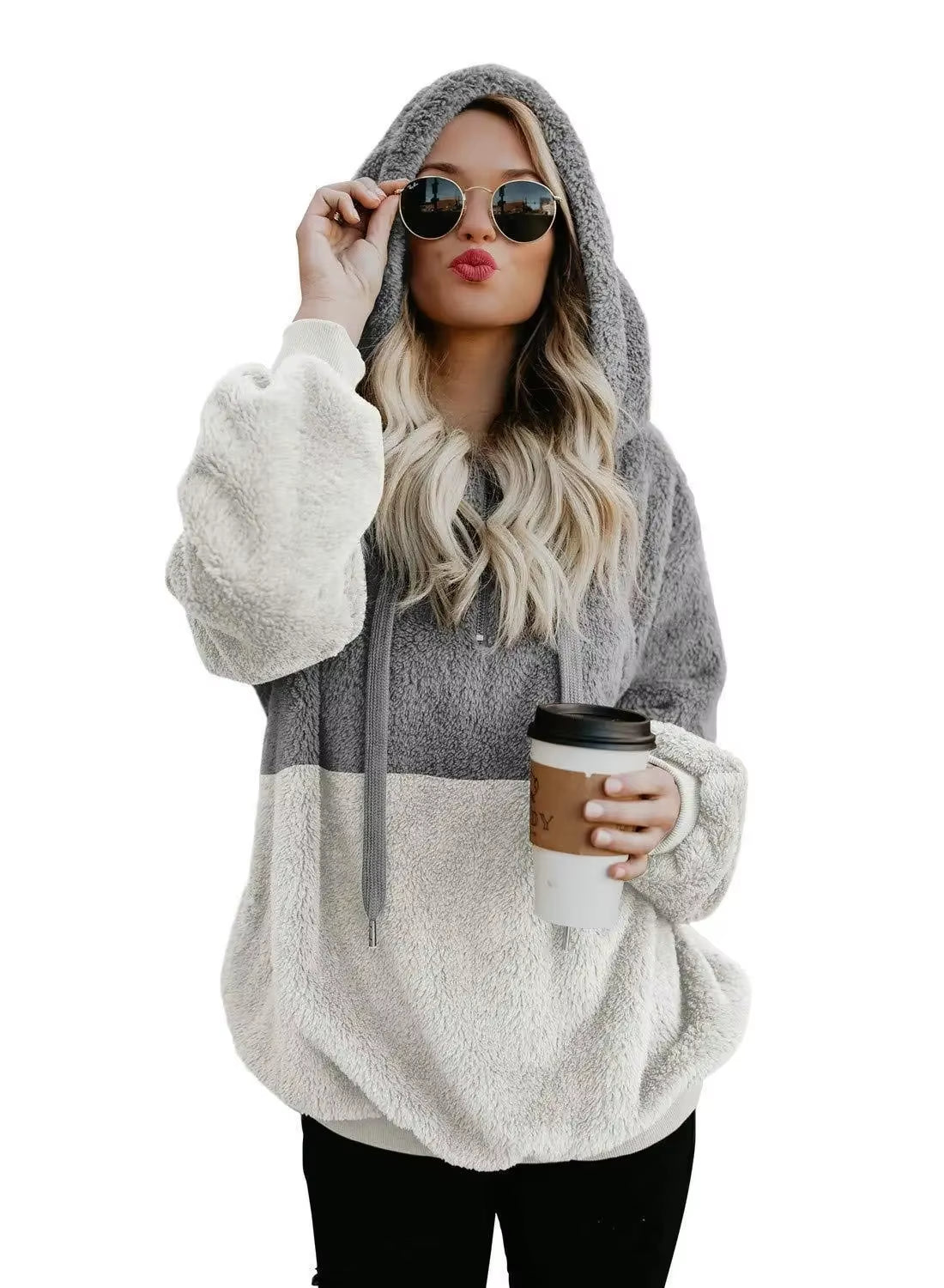 Autumn Winter Hooded Patchwork Sweatshirt Velvet Jacket Rope Connected Hat Polyester Fiber Full Sleeve round Neck Women'S Wear