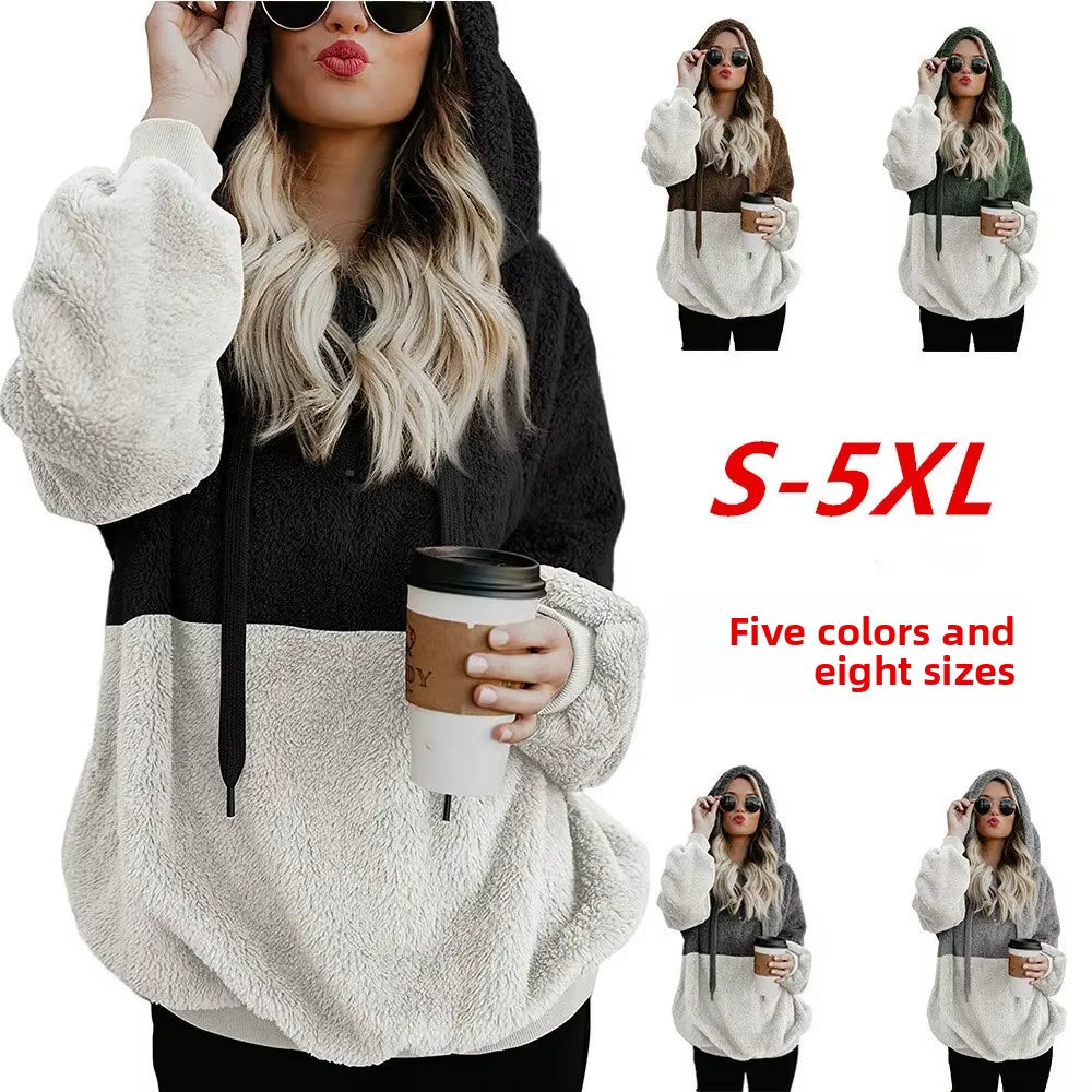 Autumn Winter Hooded Patchwork Sweatshirt Velvet Jacket Rope Connected Hat Polyester Fiber Full Sleeve round Neck Women'S Wear