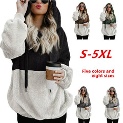 Autumn Winter Hooded Patchwork Sweatshirt Velvet Jacket Rope Connected Hat Polyester Fiber Full Sleeve round Neck Women'S Wear