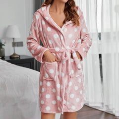 Winter Women Plush Hooded Bathrobe Coral Plush Robe Soft Warm Flannel Fleece Spa Bathrobe Polka Dot Fluffy Ladies Sleepwear