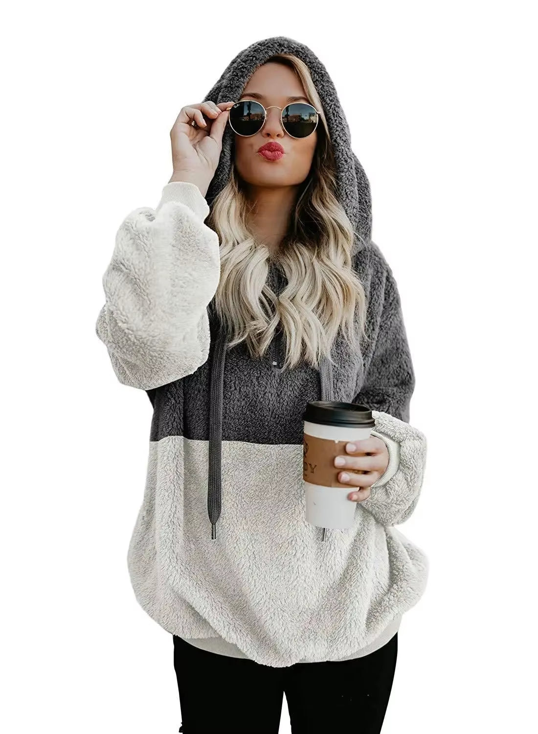 Autumn Winter Hooded Patchwork Sweatshirt Velvet Jacket Rope Connected Hat Polyester Fiber Full Sleeve round Neck Women'S Wear